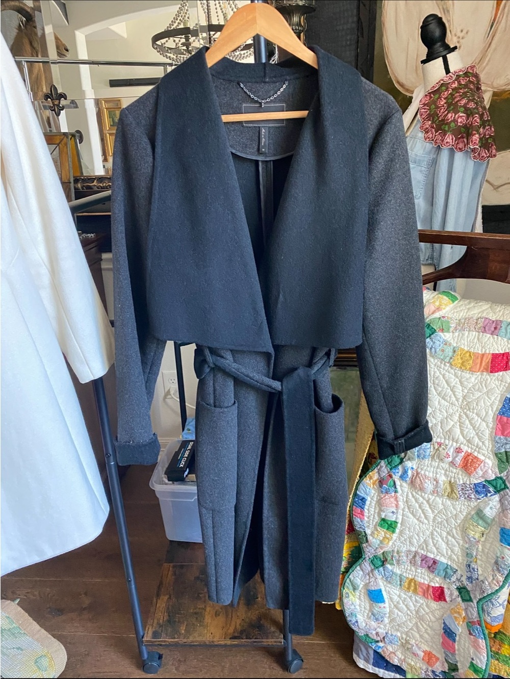 BCBGMaxAzria Black Open-Front Belted Trench Coat